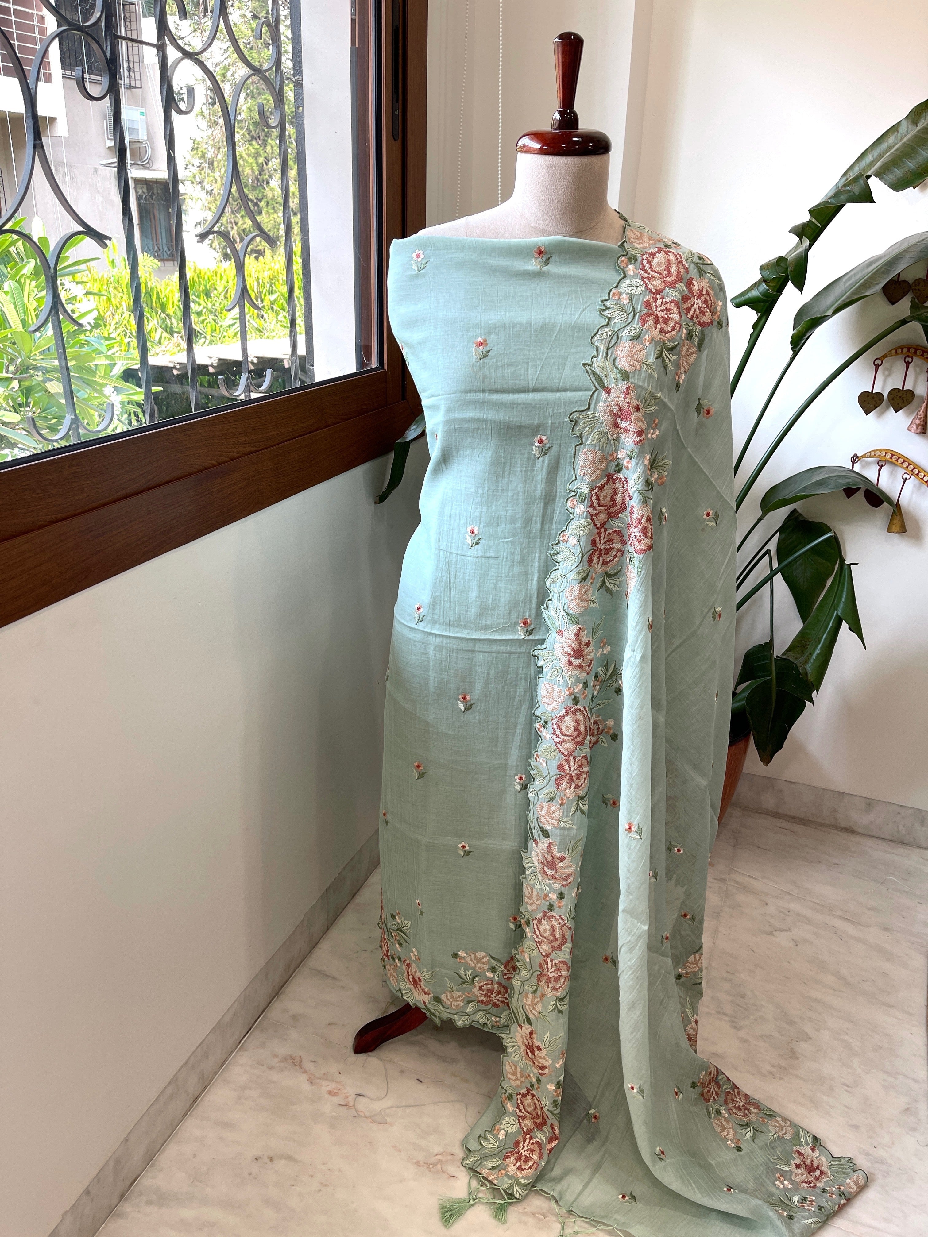 Dusty Green Suit Set with Cross - Stitch Embroidery in Pure Mul Chanderi - Masakalee