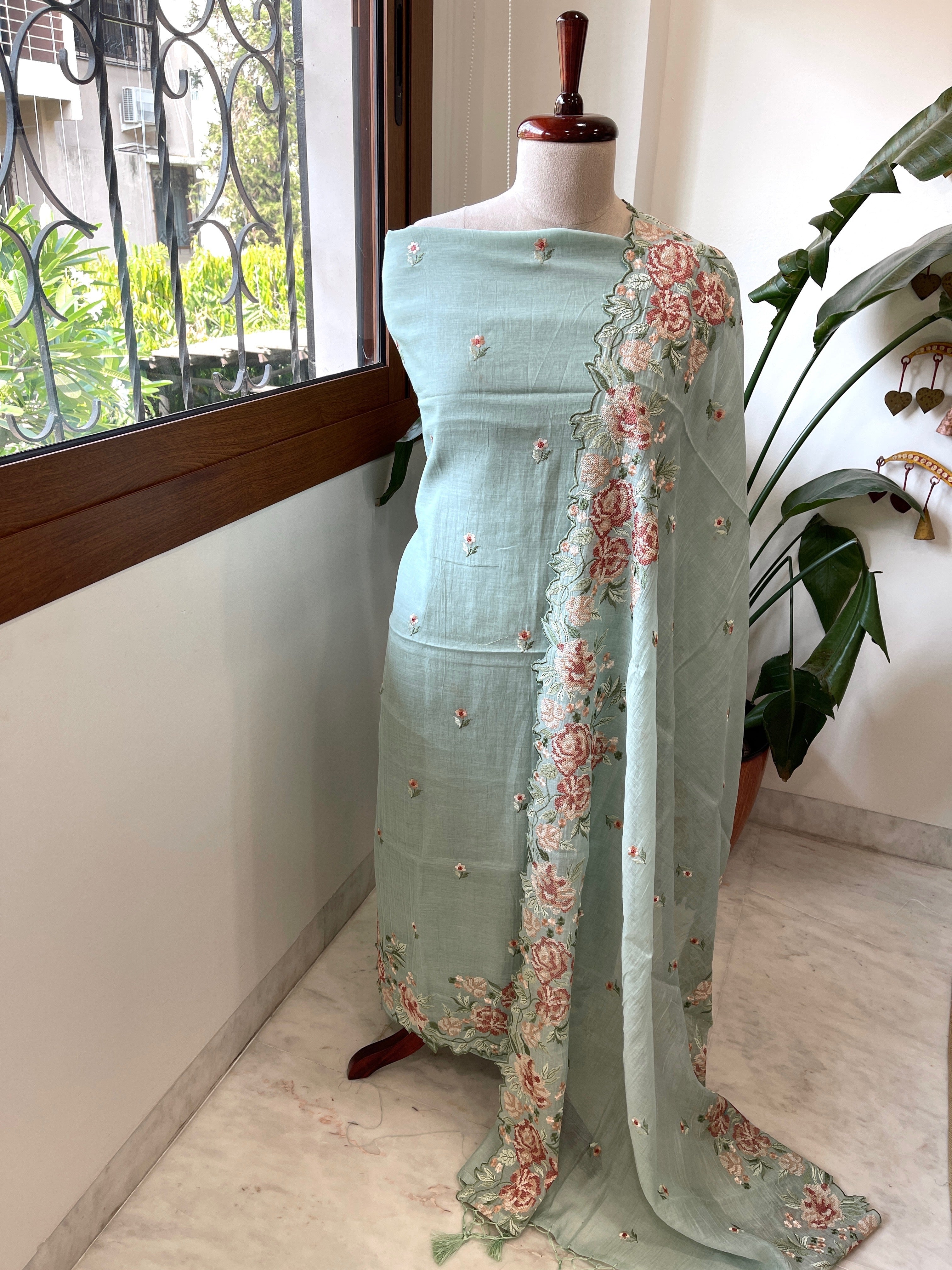 Dusty Green Suit Set with Cross - Stitch Embroidery in Pure Mul Chanderi - Masakalee