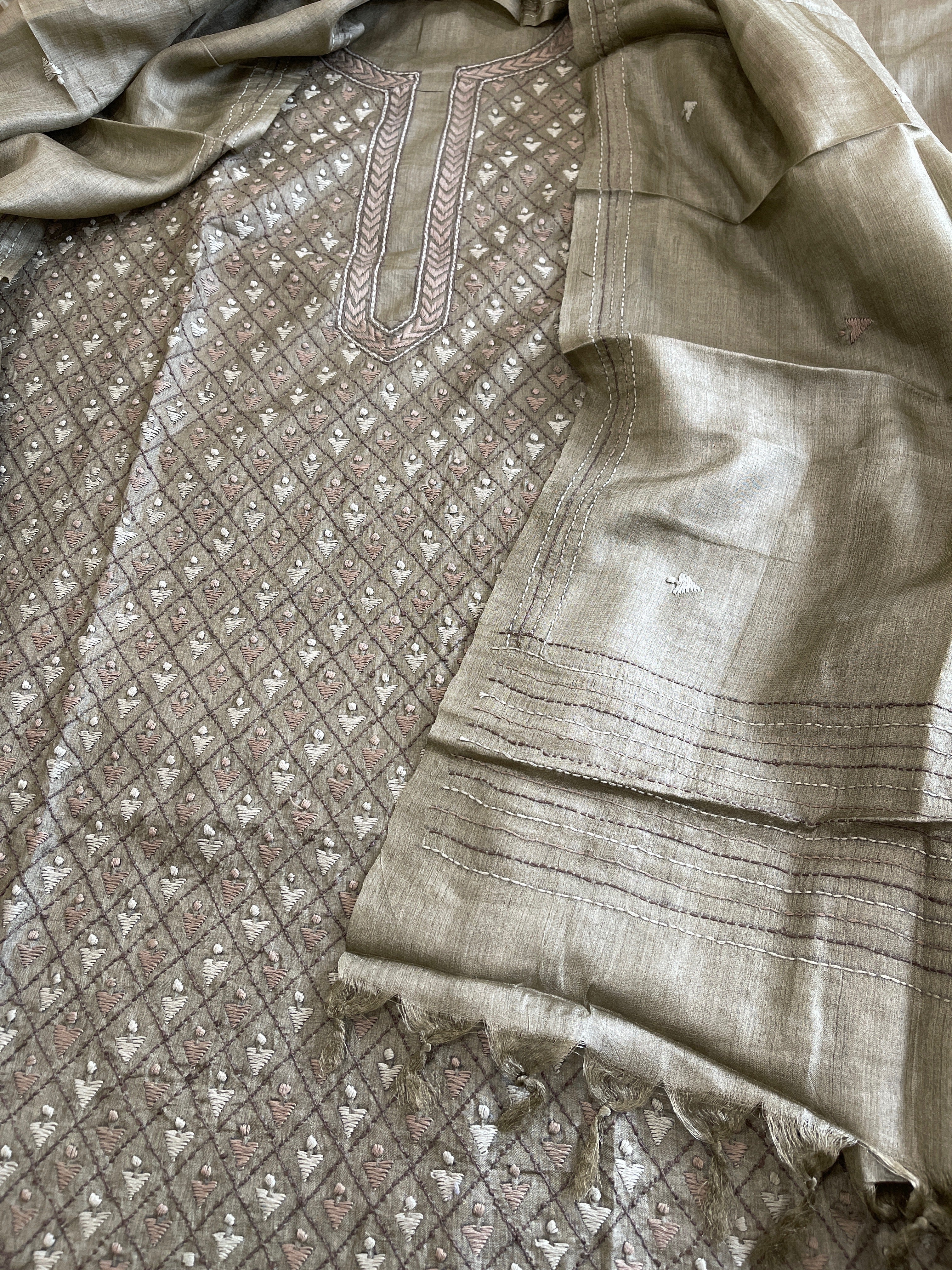 Dusty Green Suit Set with Kantha Embroidery in Pure Tussar Silk - Masakalee