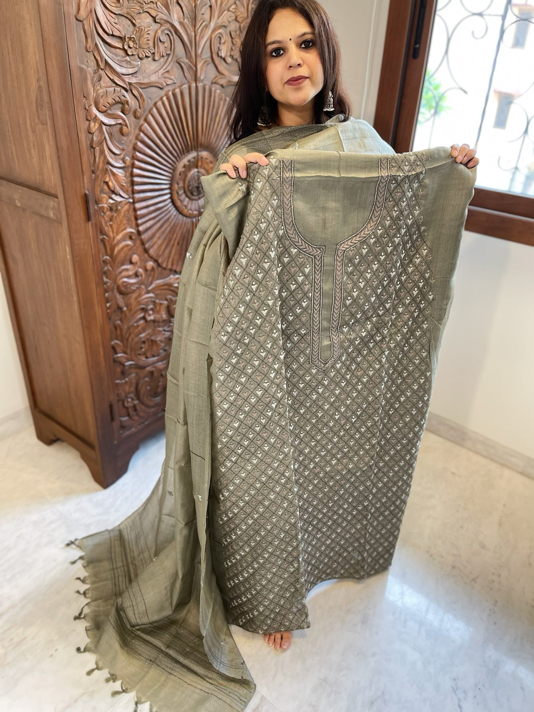 Dusty Green Suit Set with Kantha Embroidery in Pure Tussar Silk - Masakalee