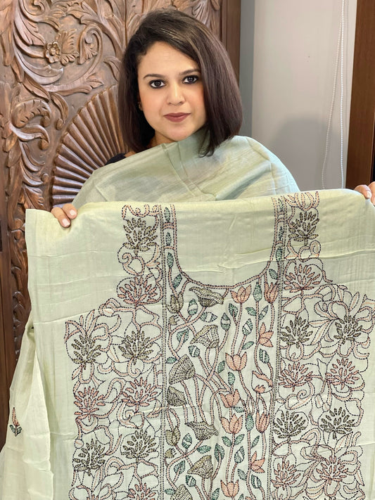 Dusty Green Suit Set with Kantha Handwork in Pure Tussar Silk - Masakalee