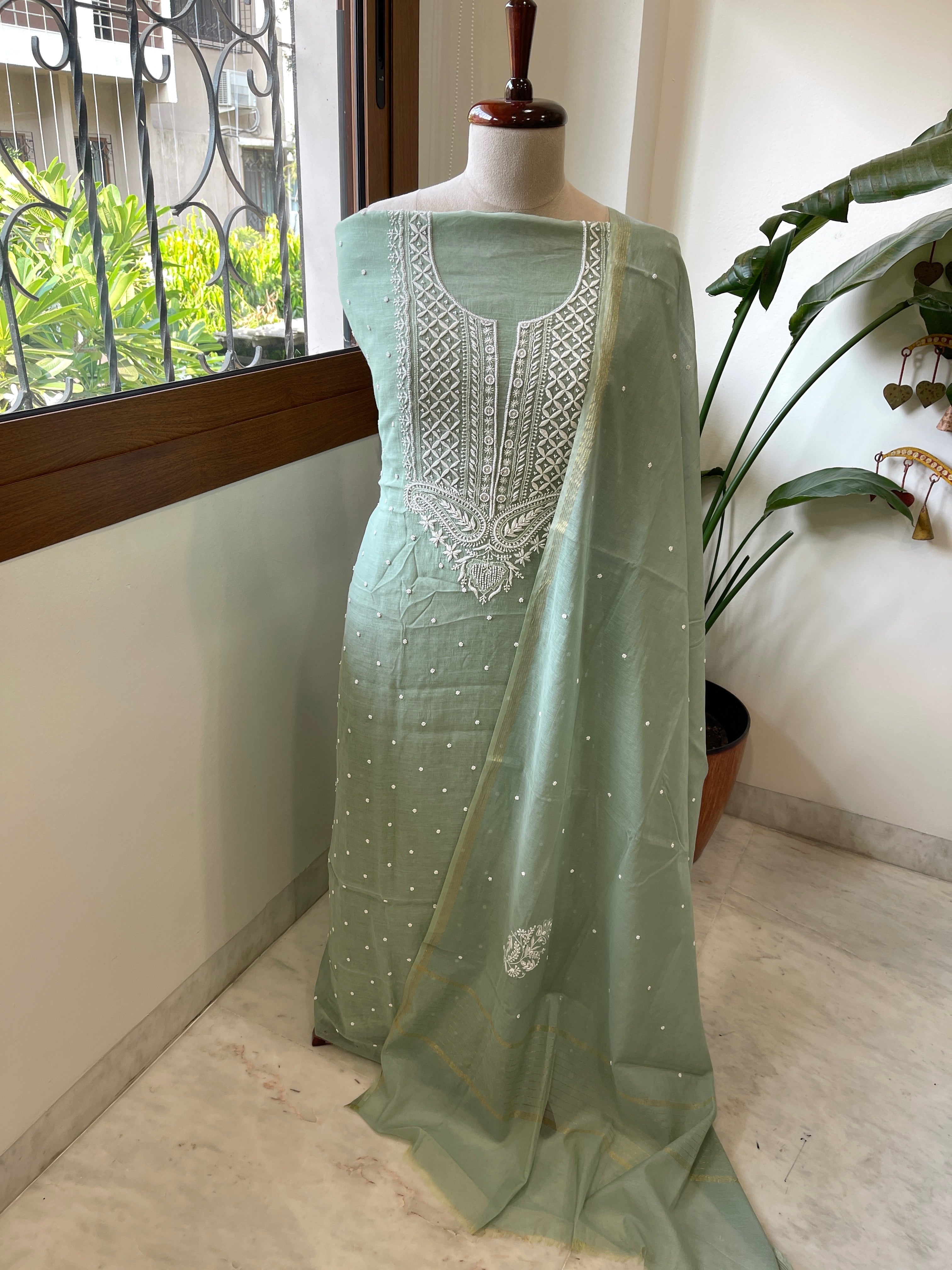 Dusty Green Suit Set with Lucknowi & Pearl Handwork in Pure Mul Cotton - Masakalee