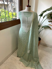 Dusty Green Suit Set with Lucknowi & Pearl Handwork in Pure Mul Cotton - Masakalee