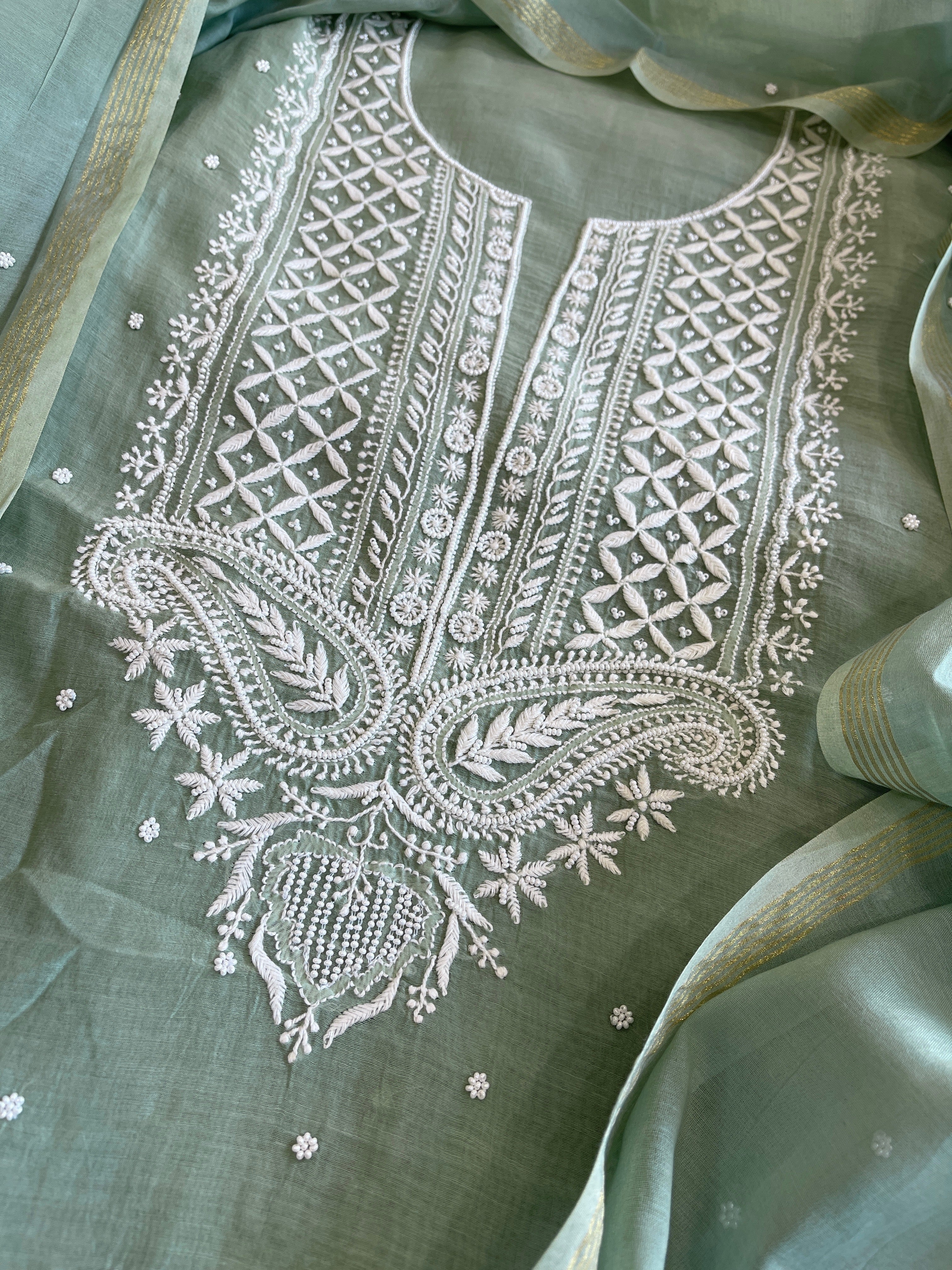 Dusty Green Suit Set with Lucknowi & Pearl Handwork in Pure Mul Cotton - Masakalee