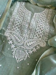 Dusty Green Suit Set with Lucknowi & Pearl Handwork in Pure Mul Cotton - Masakalee