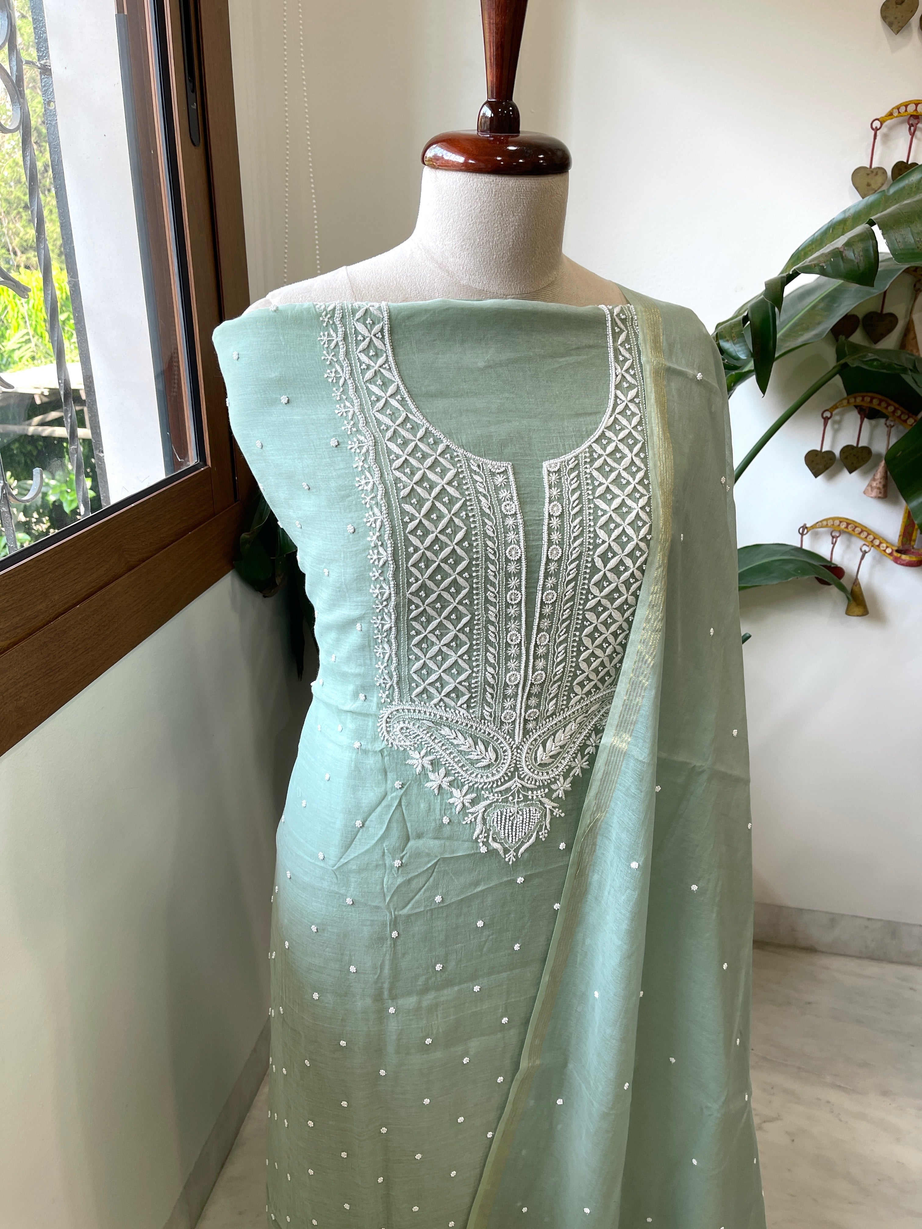 Dusty Green Suit Set with Lucknowi & Pearl Handwork in Pure Mul Cotton - Masakalee