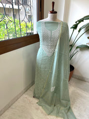 Dusty Green Suit Set with Lucknowi & Pearl Handwork in Pure Mul Cotton - Masakalee