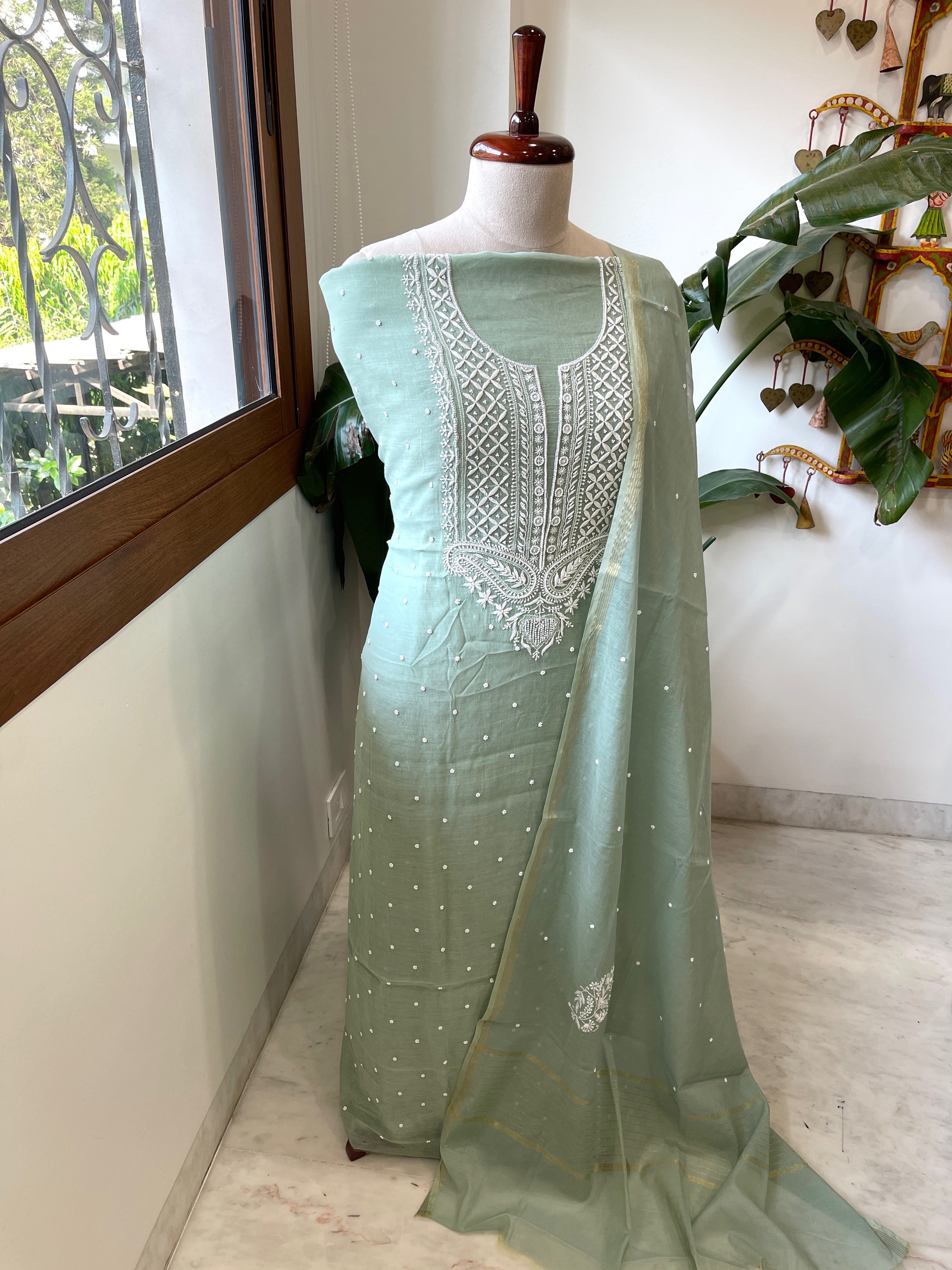 Dusty Green Suit Set with Lucknowi & Pearl Handwork in Pure Mul Cotton - Masakalee