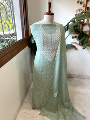 Dusty Green Suit Set with Lucknowi & Pearl Handwork in Pure Mul Cotton - Masakalee