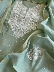Dusty Green Suit Set with Lucknowi & Pearl Handwork in Pure Mul Cotton - Masakalee