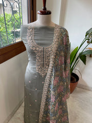 Dusty Green Suit Set with Thread Embroidery and Pitta Work in Georgette - Masakalee