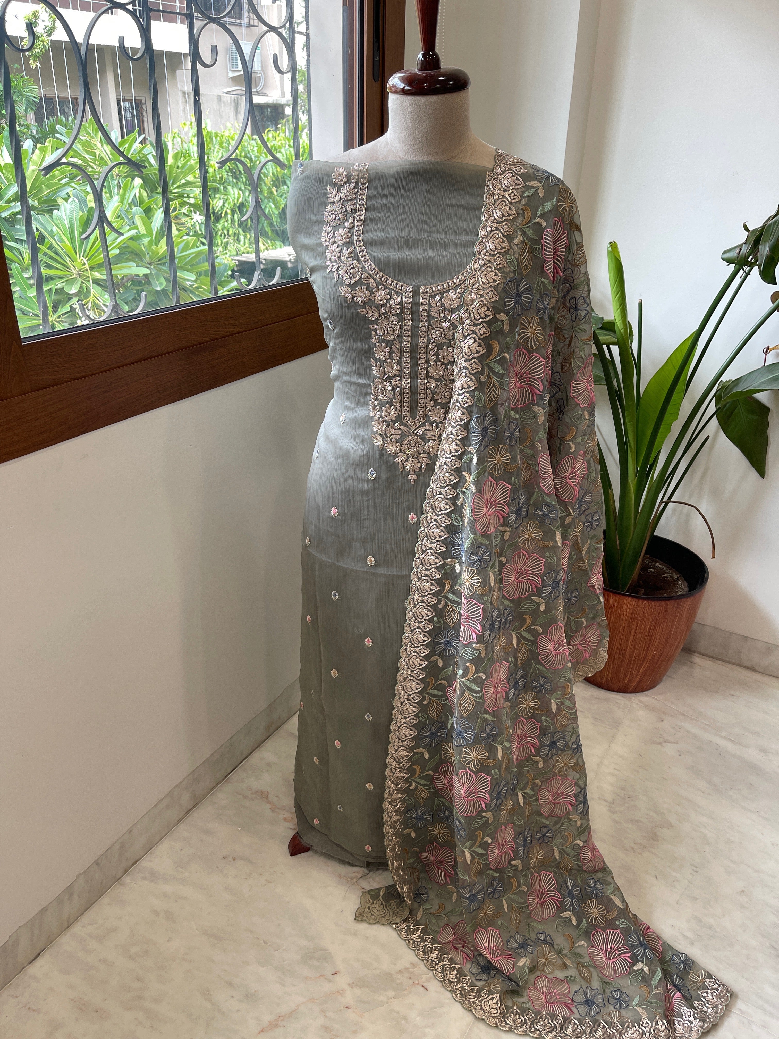 Dusty Green Suit Set with Thread Embroidery and Pitta Work in Georgette - Masakalee