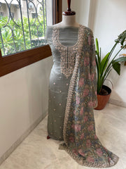 Dusty Green Suit Set with Thread Embroidery and Pitta Work in Georgette - Masakalee