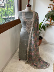 Dusty Green Suit Set with Thread Embroidery and Pitta Work in Georgette - Masakalee