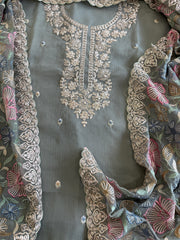Dusty Green Suit Set with Thread Embroidery and Pitta Work in Georgette - Masakalee