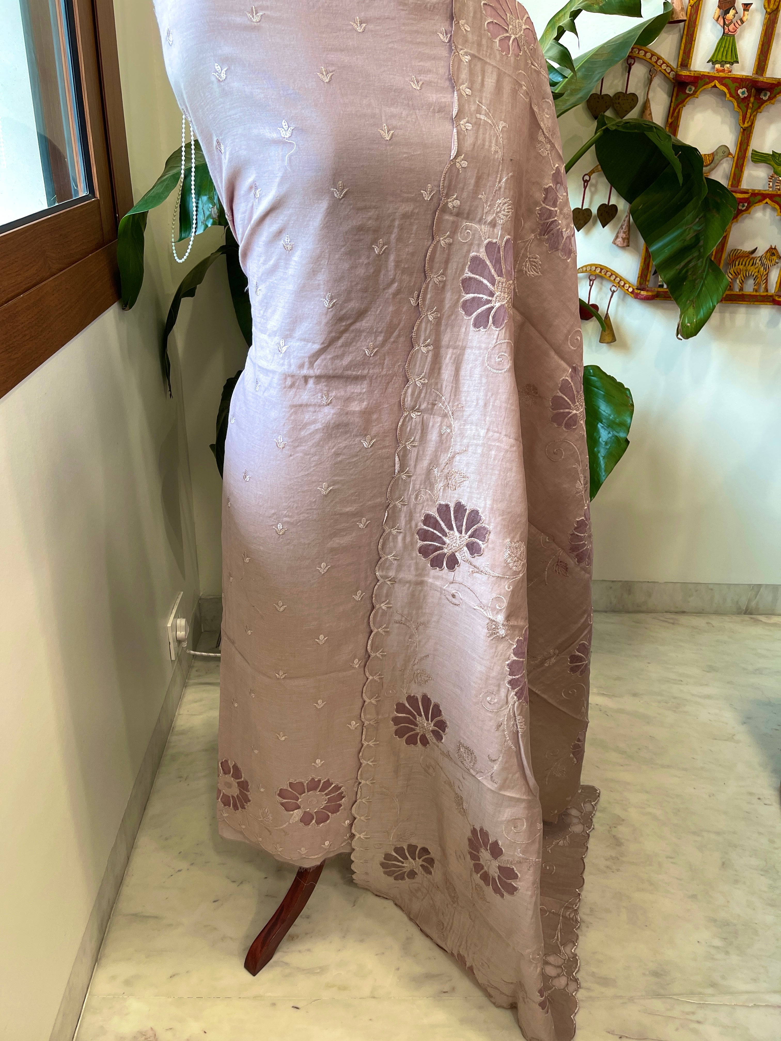 Dusty Lilac Mul Chanderi Suit Set with Cut Work - Masakalee