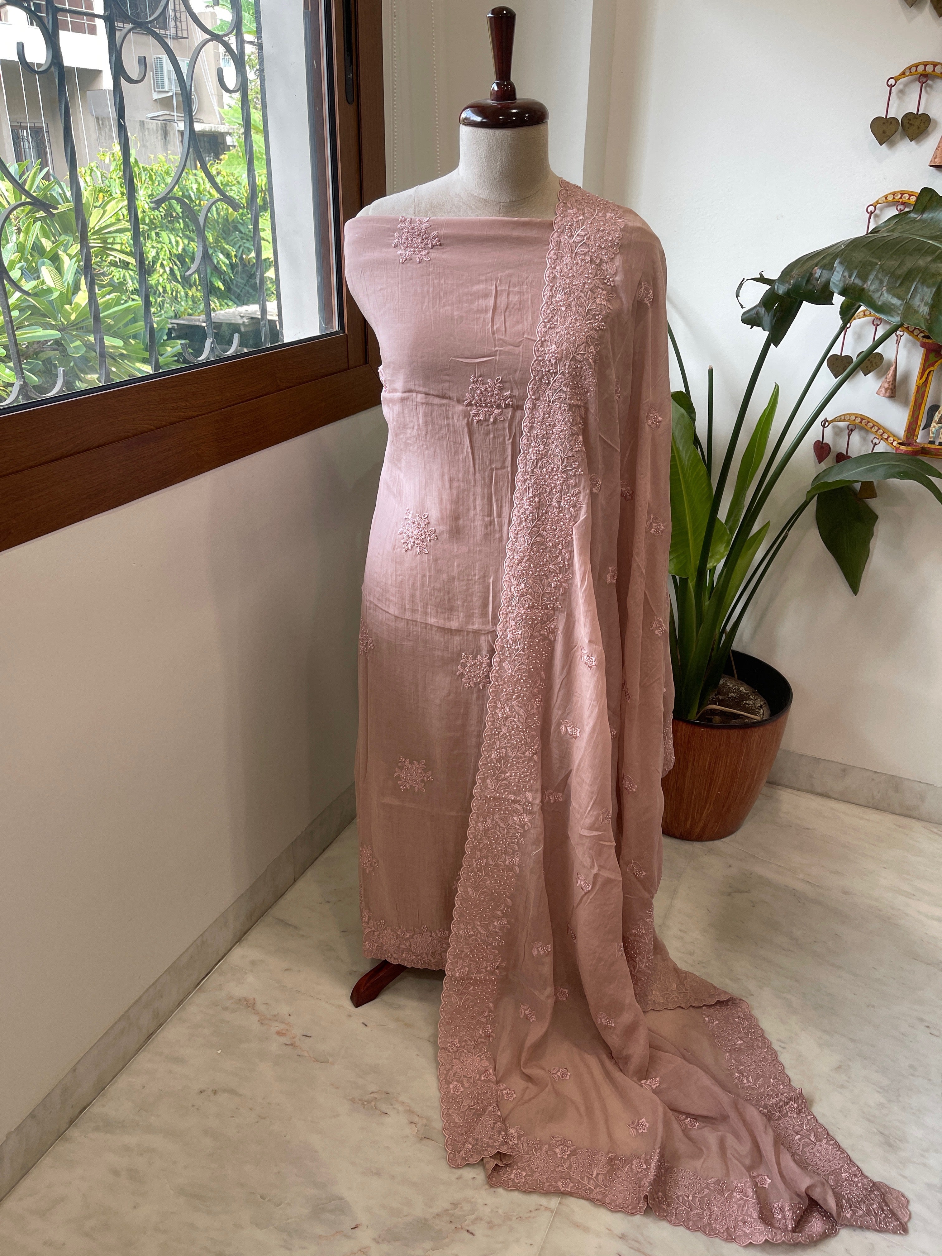 Dusty Peach Suit Set with Pearl and Thread Embroidery in Mul Chanderi - Masakalee