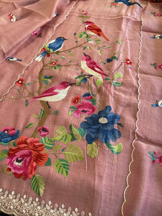 Dusty Pink Suit Set with Thread Embroidery in Pure Mul Chanderi - Masakalee