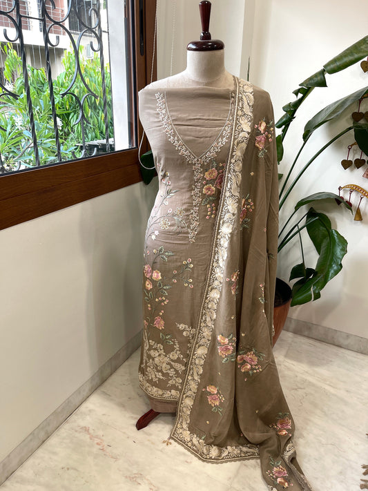 Earthy Brown Suit Set with Parsi Gara Embroidery in Mul Chanderi - Masakalee
