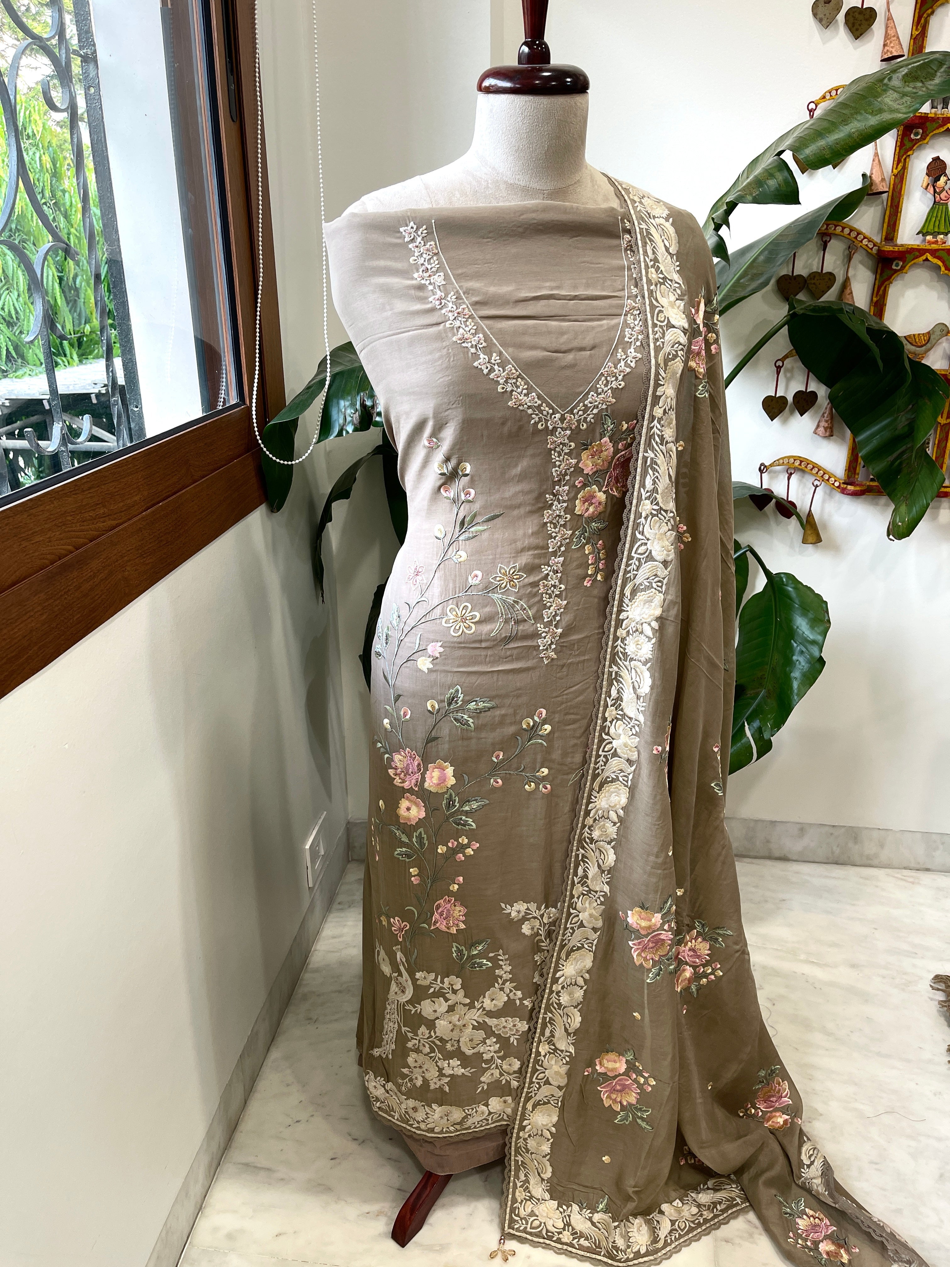 Earthy Brown Suit Set with Parsi Gara Embroidery in Mul Chanderi - Masakalee