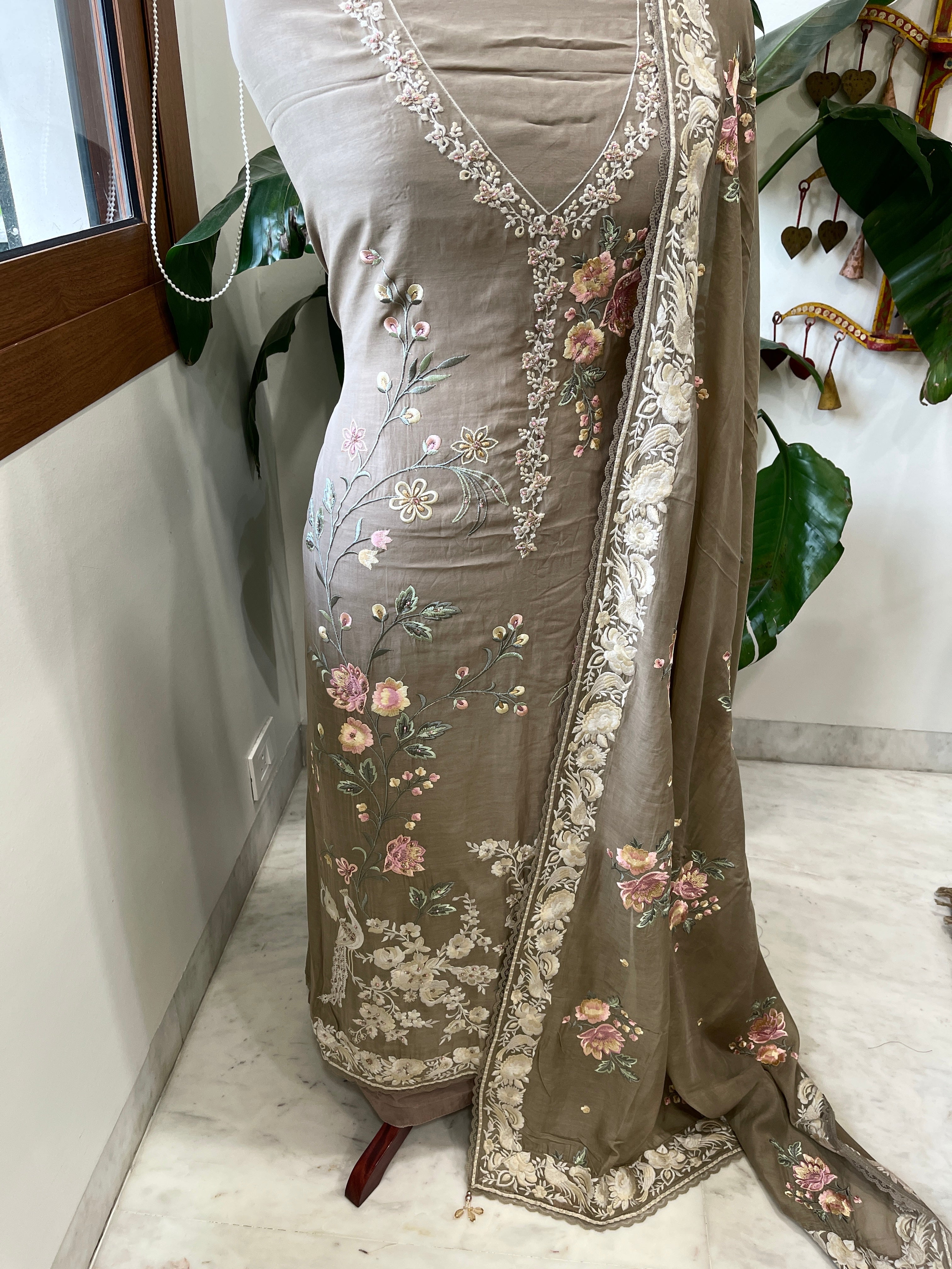 Earthy Brown Suit Set with Parsi Gara Embroidery in Mul Chanderi - Masakalee