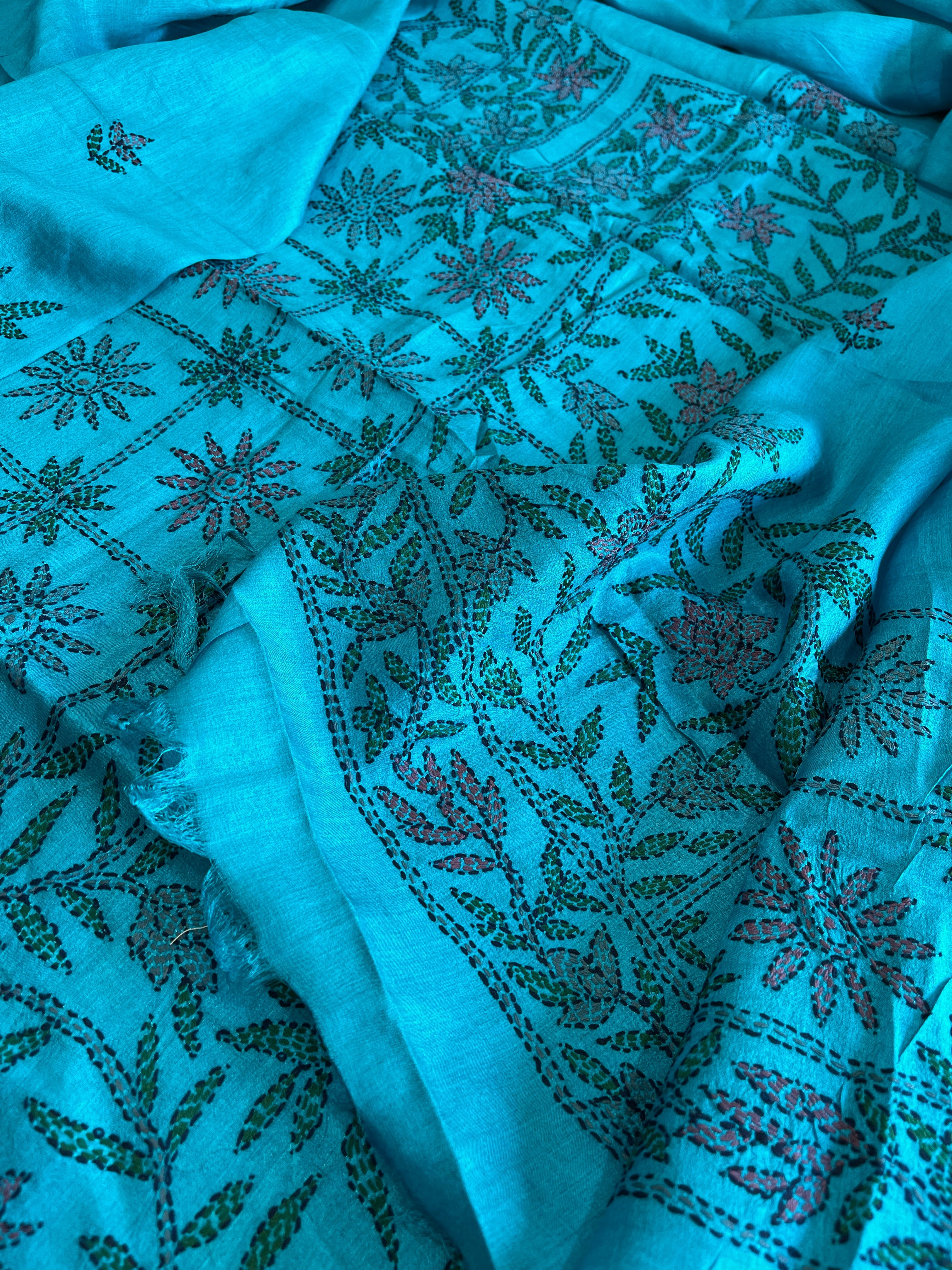 Firoza Suit Set with Kantha Handwork in Pure Tussar Silk - Masakalee