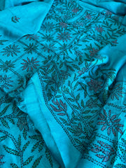 Firoza Suit Set with Kantha Handwork in Pure Tussar Silk - Masakalee