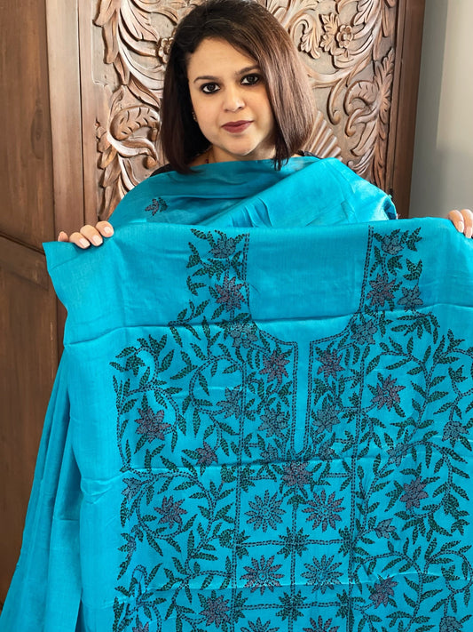 Firoza Suit Set with Kantha Handwork in Pure Tussar Silk - Masakalee