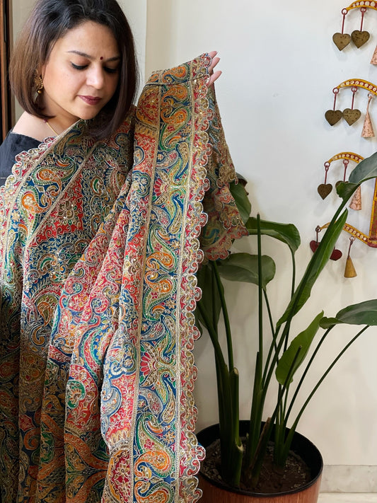 Firozi Blue Chinon Dupatta with Aari Embroidery - Masakalee