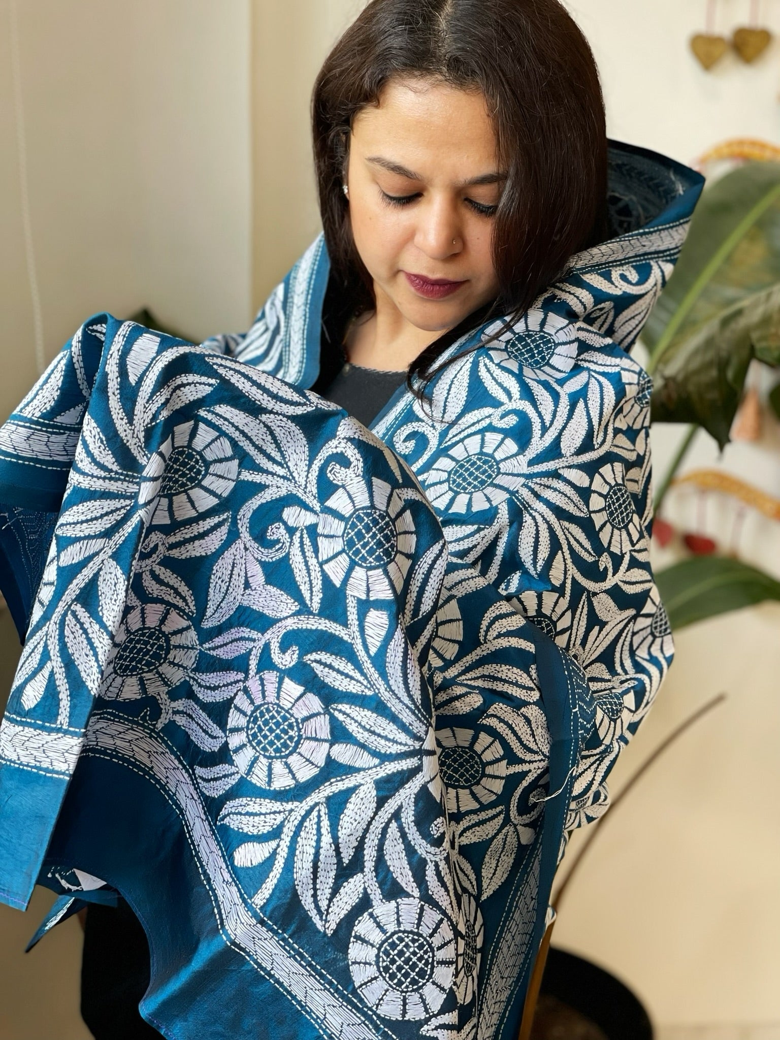 Firozi Blue Handmade Nakshi Kantha Dupatta in Pure Silk - Masakalee