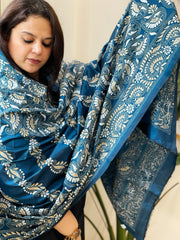 Firozi Blue Handmade Nakshi Kantha Dupatta in Pure Silk - Masakalee