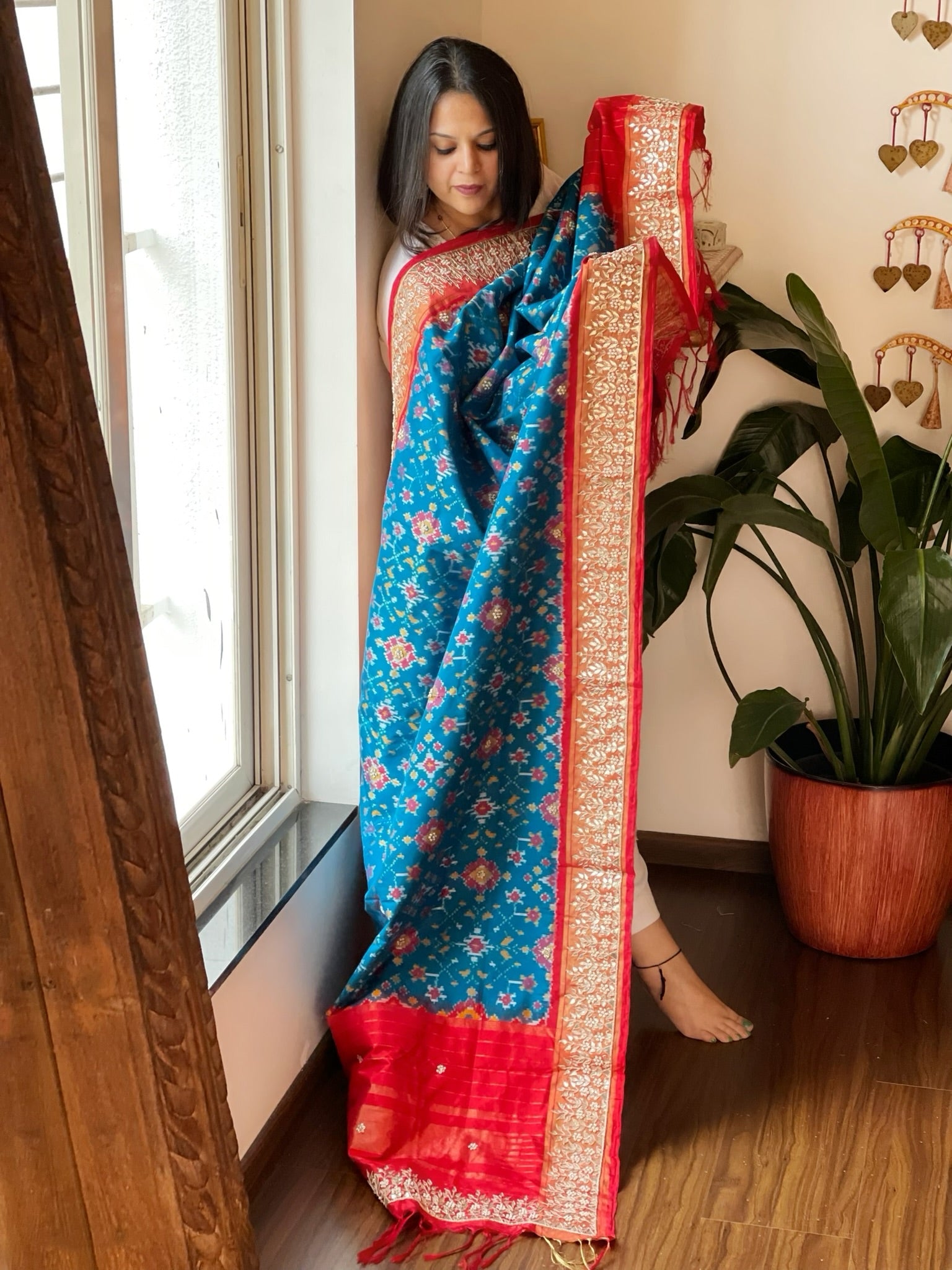 Firozi Blue Handwoven Ikat Patola with Gotapatti & Pearl Handwork dupatta in Pure Silk - Masakalee