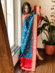 Firozi Blue Handwoven Ikat Patola with Gotapatti & Pearl Handwork dupatta in Pure Silk - Masakalee