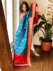 Firozi Blue Handwoven Ikat Patola with Gotapatti & Pearl Handwork dupatta in Pure Silk - Masakalee
