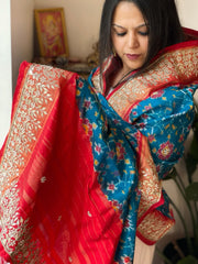 Firozi Blue Handwoven Ikat Patola with Gotapatti & Pearl Handwork dupatta in Pure Silk - Masakalee