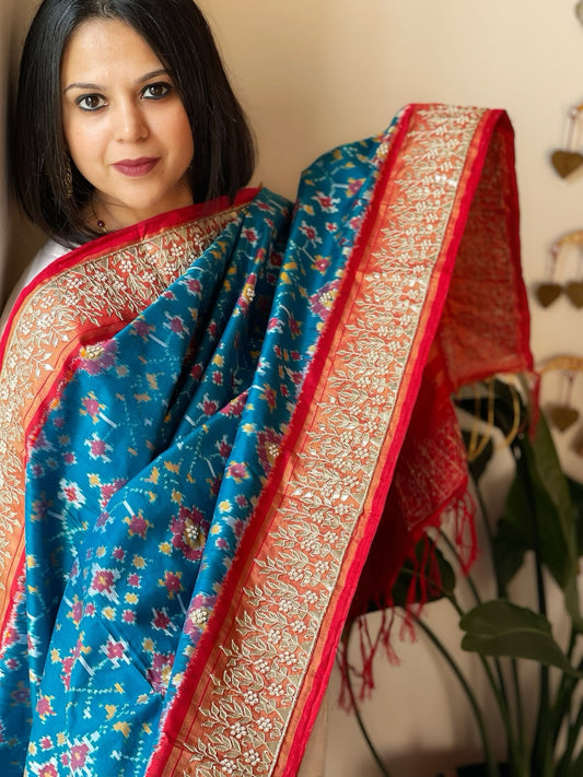 Firozi Blue Handwoven Ikat Patola with Gotapatti & Pearl Handwork dupatta in Pure Silk - Masakalee