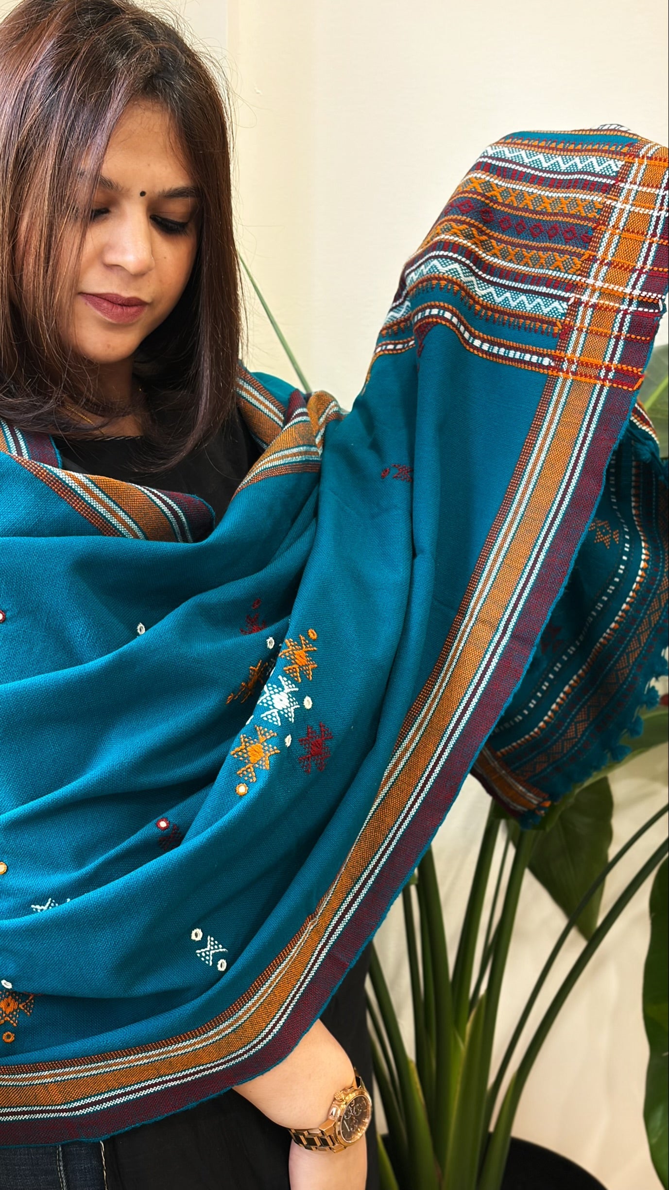 Firozi Blue Handwoven Woollen Shawl with Mirror Handwork - Masakalee