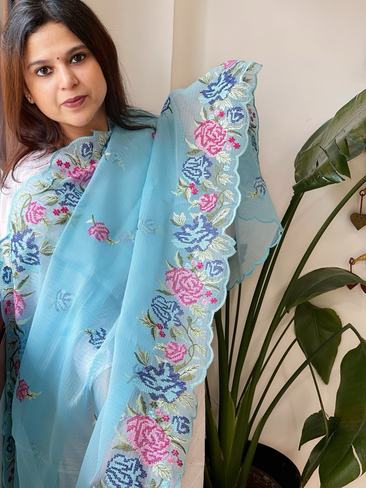 Firozi Blue Kota Cotton Dupatta with Cross - Stitch Embroidered Border - Masakalee