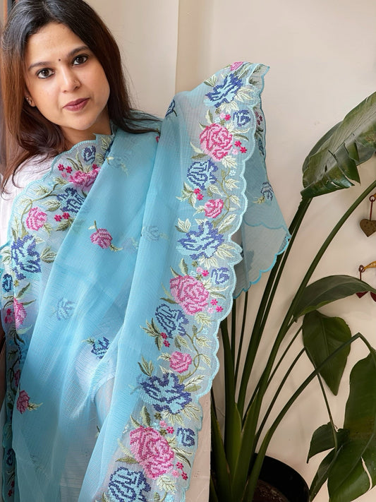 Firozi Blue Kota Cotton Dupatta with Cross - Stitch Embroidered Border - Masakalee
