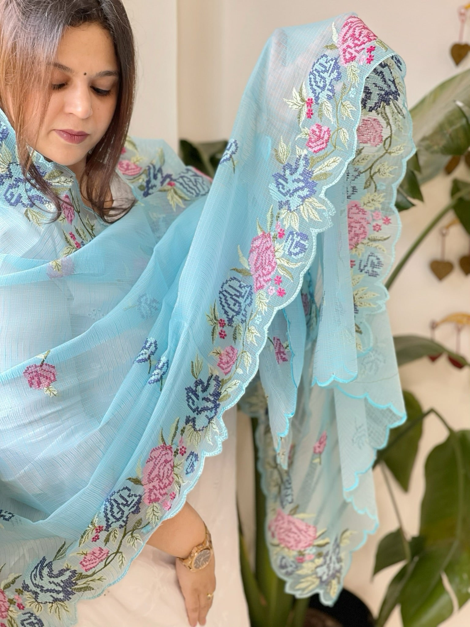 Firozi Blue Kota Cotton Dupatta with Cross - Stitch Embroidered Border - Masakalee