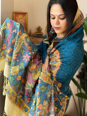 Firozi Blue Rai Bandhej Dupatta with Handpainted Kalamkari Pallu in Pure Muga Silk - Masakalee