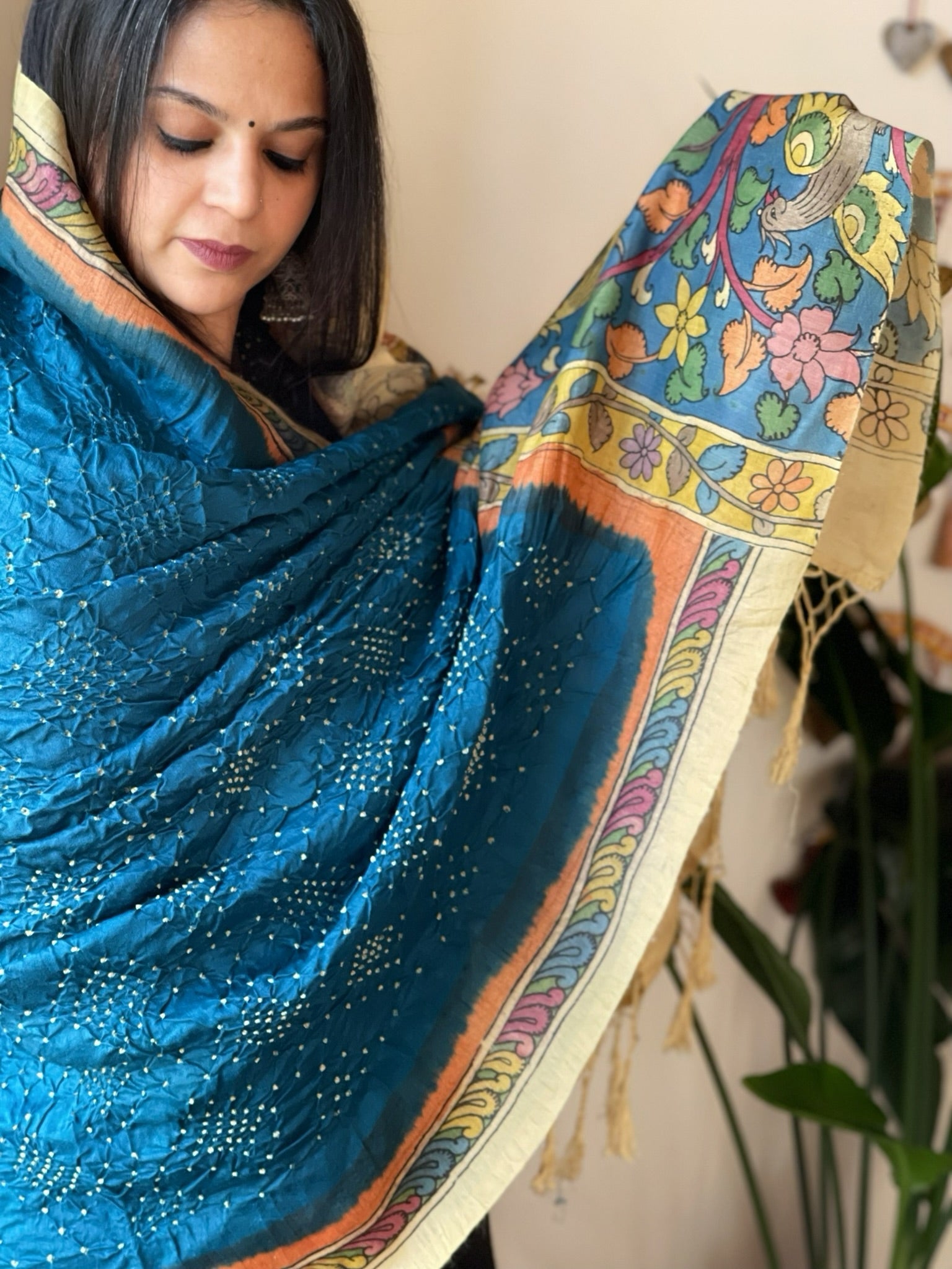Firozi Blue Rai Bandhej Dupatta with Handpainted Kalamkari Pallu in Pure Muga Silk - Masakalee