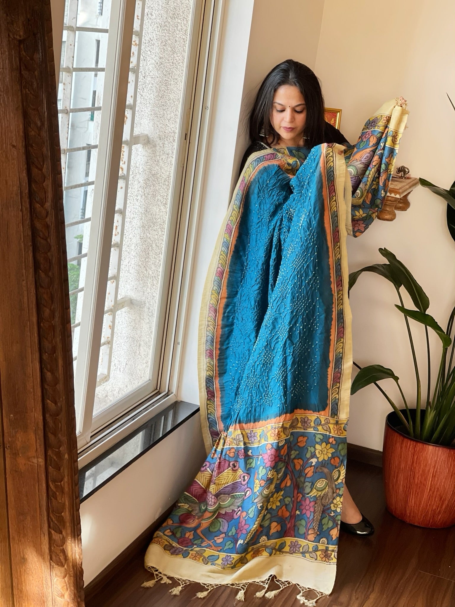 Firozi Blue Rai Bandhej Dupatta with Handpainted Kalamkari Pallu in Pure Muga Silk - Masakalee