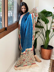 Firozi Blue Rai Bandhej Dupatta with Kantha Handwork in Pure Munga Tussar Silk - Masakalee