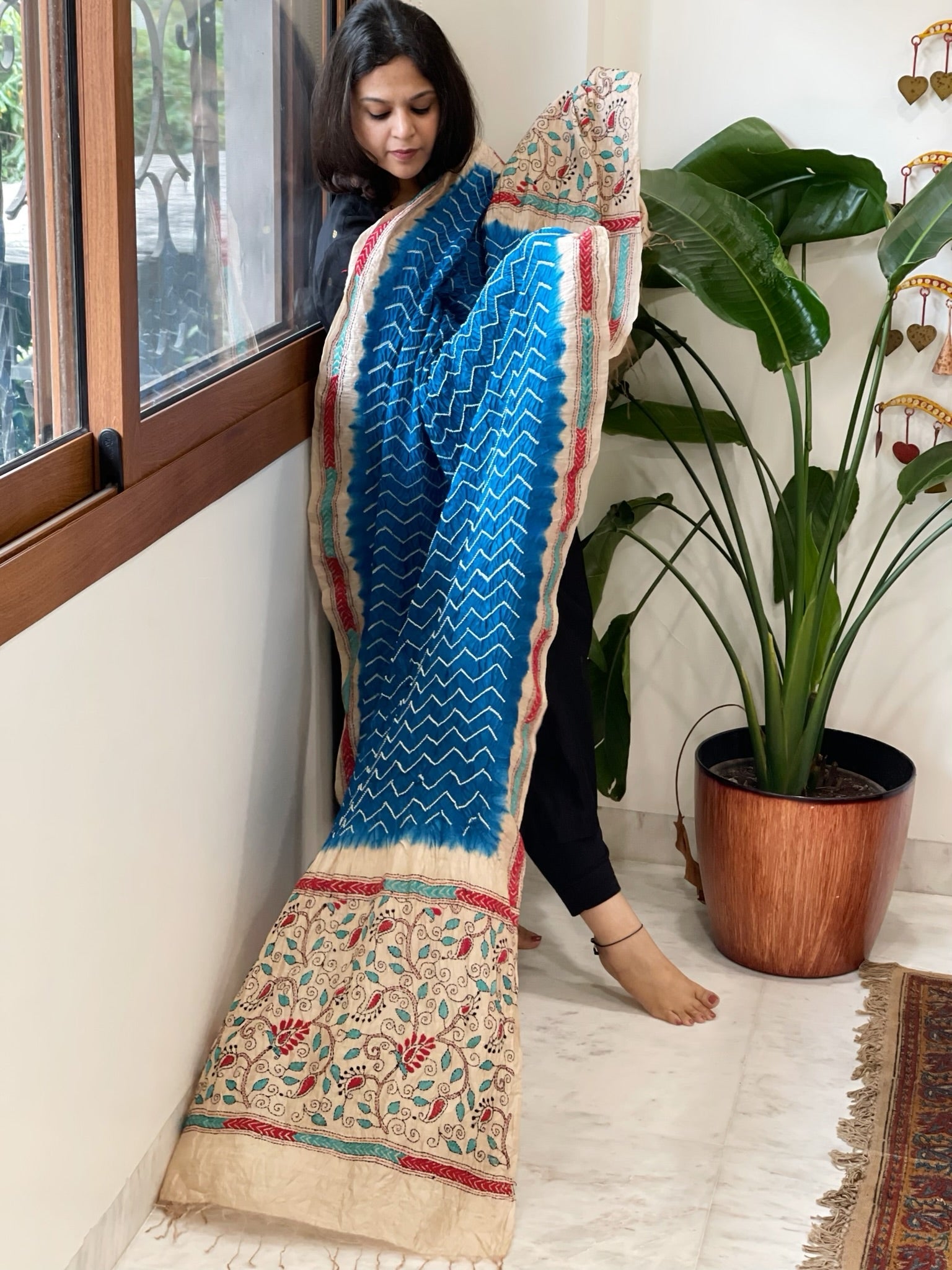 Firozi Blue Rai Bandhej Dupatta with Kantha Handwork in Pure Munga Tussar Silk - Masakalee