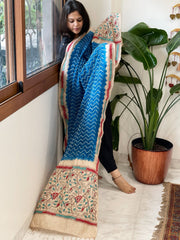 Firozi Blue Rai Bandhej Dupatta with Kantha Handwork in Pure Munga Tussar Silk - Masakalee