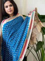Firozi Blue Rai Bandhej Dupatta with Kantha Handwork in Pure Munga Tussar Silk - Masakalee