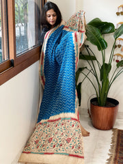 Firozi Blue Rai Bandhej Dupatta with Kantha Handwork in Pure Munga Tussar Silk - Masakalee