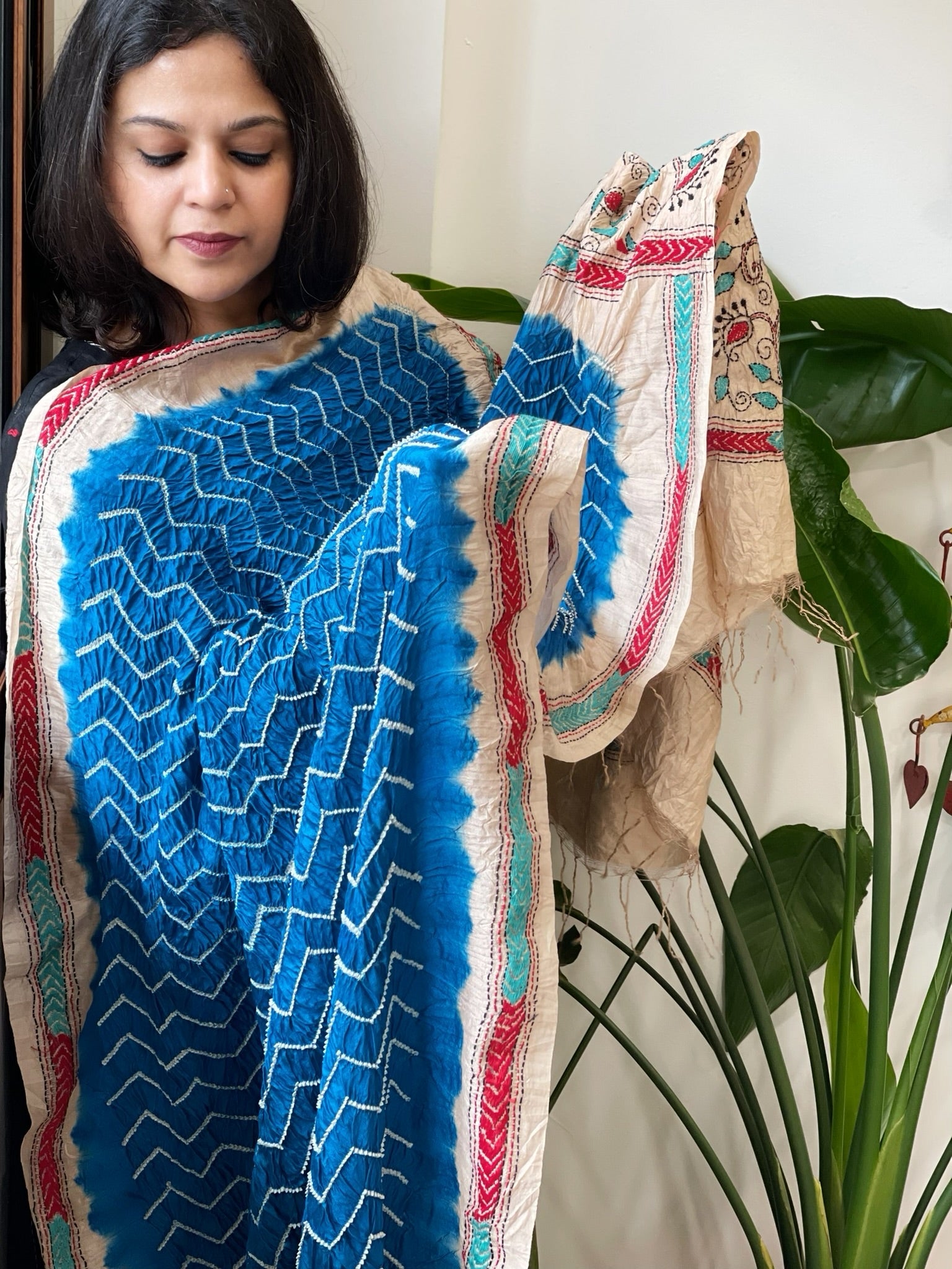 Firozi Blue Rai Bandhej Dupatta with Kantha Handwork in Pure Munga Tussar Silk - Masakalee