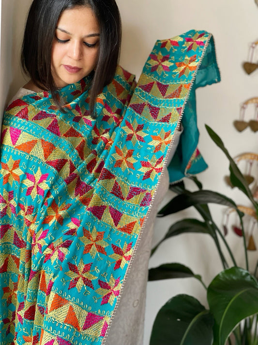 Firozi Handmade Desginer Phulkari Dupatta in Pure Chinon - Masakalee